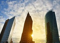 Cityscape of downtown with skyscrapers at sunset