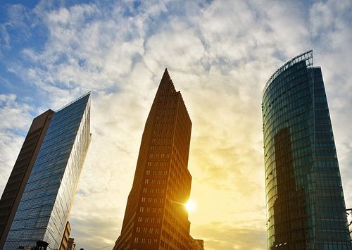 Cityscape of downtown with skyscrapers at sunset
