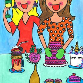 Cheerful painting of girls baking by Schildermijtje Shop