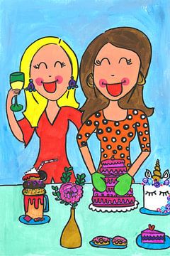 Cheerful painting of girls baking by Schildermijtje Shop