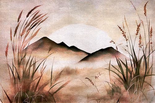Abstract surrealistisch Japandi Gras berglandschap