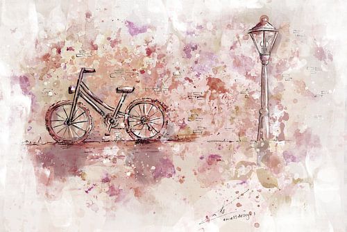 Aquarel schilderij fiets in de stad