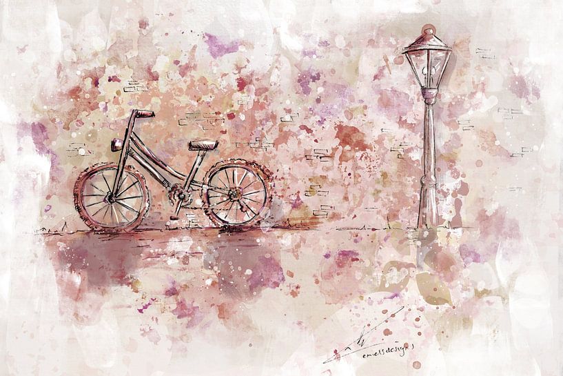 Aquarel schilderij fiets in de stad van Emiel de Lange