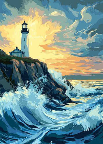 Vuurtoren in stormachtige branding