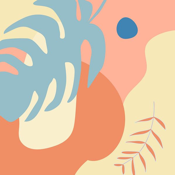 Sommerzeit. Tropische botanische abstrakte Blätter in Terrakotta, Blau und Gelb Nr. 4 von Dina Dankers