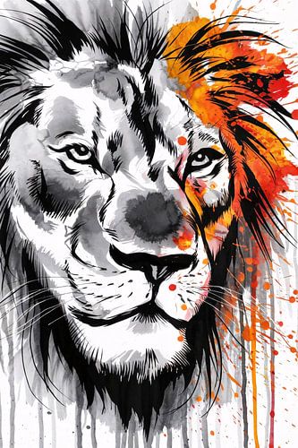 Inktkunst leeuw met kleurenexplosie