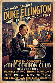 Duke Ellington Een vintage affiche maakt reclame voor een concert van Duke Ellington en zijn orkest in de „Cotton Club“ in New York City. Het ontwerp valt op door de levendige kleuren en de typografie in de stijl van de jaren ’30. Illustratie uit een reeks vintage jazzmotieven die een eerbetoon vormen aan de goede oude tijd. van Ted Decker