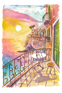 Riomaggiore vom Balkon bei Sonnenuntergang mit Meerblick
