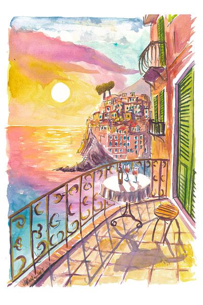 Riomaggiore vanaf het balkon bij zonsondergang met uitzicht op zee van Markus Bleichner