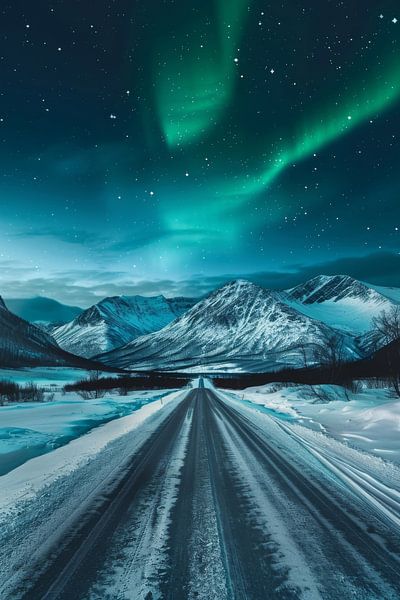 Nordlichter über verschneiter Straße von Poster Art Shop