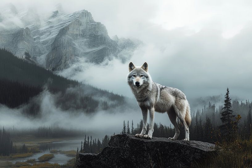 Witte wolf staat op een rots in canada met een prachtig uitzicht op de bergen met mist van Digitale Schilderijen