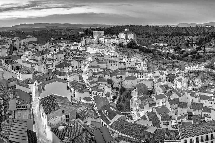 White mountain village in Andalusia in the evening light in black and white by Manfred Voss, Black-White Photography