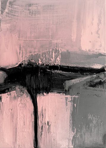 Blush & Zwart Abstract Schilderij - Moderne Minimal Muurkunst