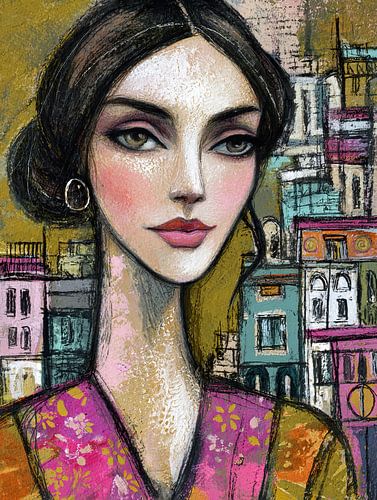 Argentinië en zijn kleurrijke vrouwen | Vrouw kleurrijke stad van Abstract Schilderij