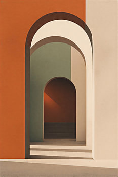 Minimalistische geometrische wanddecoratie met boogmotief – Moderne abstracte architectuurposter in terracotta en saliegroen