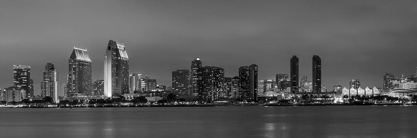 SAN DIEGO Skyline am Abend | Panorama Monochrom von Melanie Viola