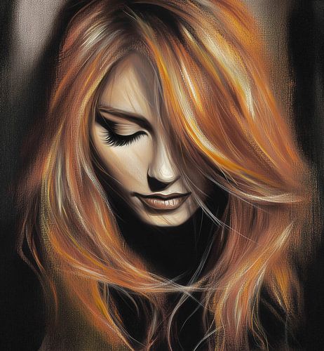 Portrait de femme rêveuse avec des cheveux fluides de couleur cuivrée