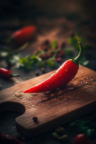 Fresh red chilli on a wooden board by Poster Art Shop