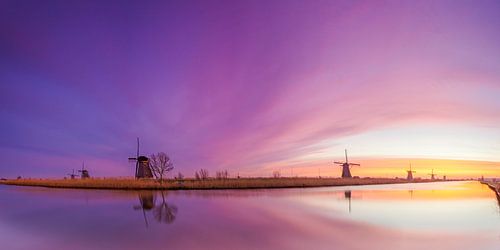 Panorama Kinderdijk tijdens zonsopkomst.