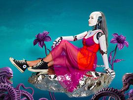 Robot féminin surréaliste posé sur un rocher argenté sur A.D. Digital ART