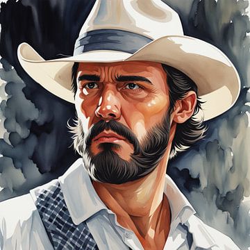 Ervaren bebaarde cowboy met hoed in overhemd - aquarel portret van A.D. Digital ART