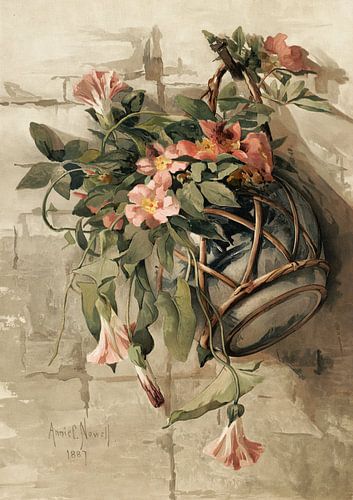 Roze bloemen in hangende vaas, Annie Nowell