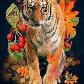 Tigre aux cynorrhodons et aux feuilles d'automne sur Postergirls