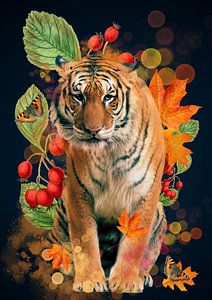 Tiger mit Hagebutten und Herbstblättern