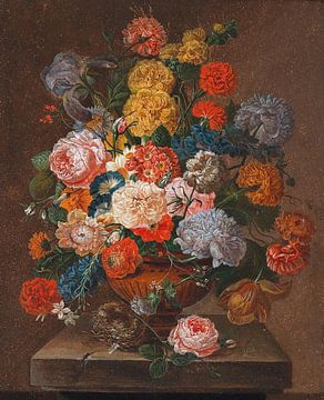 Een boeket bloemen met een vogelnestje, Johann Oberer