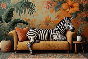 Ein Zebra chillt auf einem Sofa im Dschungel-Look.