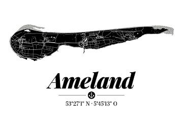 Ameland | Carte artistique | Silhouette de l'île | Noir et blanc sur ViaMapia