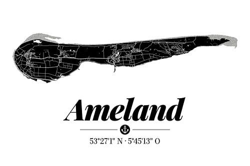 Ameland | Landkarten-Design | Insel Silhouette | Schwarz-Weiß