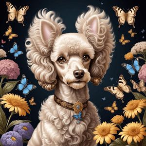 Caniche français avec fleurs et papillons