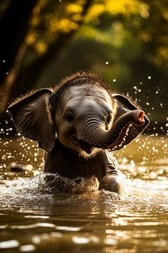 Speelse baby-olifant in water van Art & Soul Creations