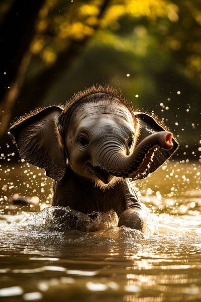 Playful baby elephant in water by Art & Soul Creations