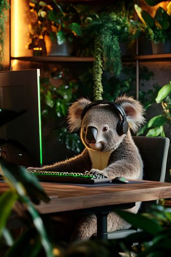 Gezellige gamer koala op de PC