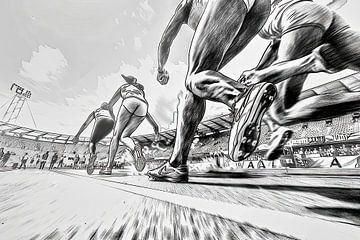 Sprinters bij het startblok van Frank Heinz