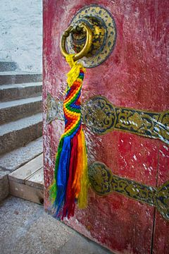 La porte est entrouverte dans un monastère du Tibet sur Rietje Bulthuis