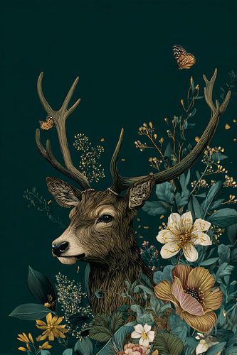 Stag in Field of Flowers Elegance in Nature Motif