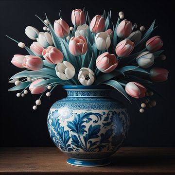 Delfts Blauwe vaas met pastel gekleurde tulpen - stilleven