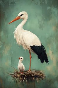 Storch mit Jungen auf dem Nest