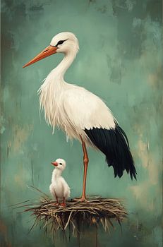 Storch mit Jungen auf dem Nest