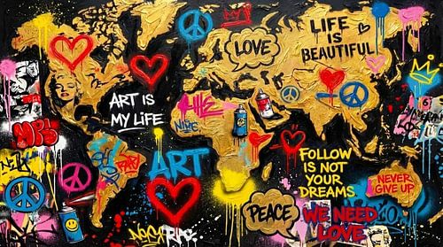 Street Art World Map - Peace - Love - Life is beautiful by Team W 32 Gallery