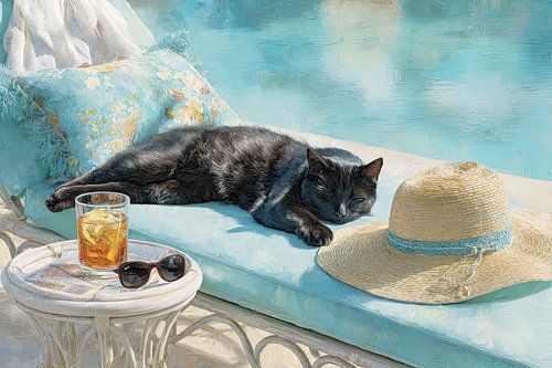 Kat aan het zwembad – Zomers schilderij vol ontspanning