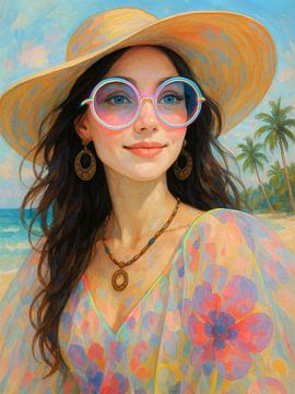 Boho Beach Day - Dromerig kust portret van een vrouw aan zee van Dagmar Pels