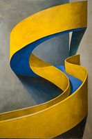 Oeuvre d'art abstraite jaune-bleu avec forme d'escargot