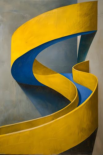 Geel-Blauw Abstract Kunstwerk met Slakvorm