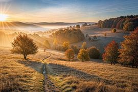 Herbstlandschaft mit Bäumen, Weg, Nebel und Sonnenaufgang
