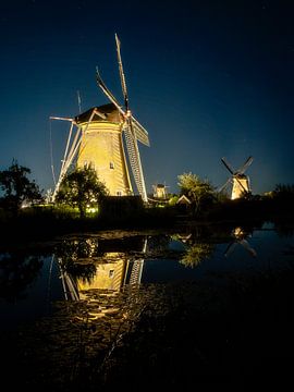 Historische Windmühle in Kinderdijk mit Spiegelung im Wasser von Erwin Pilon