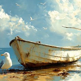 Weathered rowboat on the beach by Preet Lambon